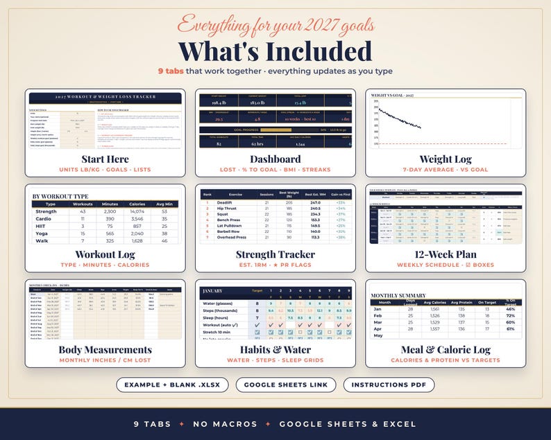Puede incluir: Un planificador de fitness digital titulado Everything for your 2027 goals What's Included con nueve pesta&ntilde;as que incluyen un rastreador de ejercicios, tablero, registro de peso, rastreador de fuerza, plan de 12 semanas y registro de comidas.