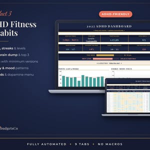 May include: A digital ADHD fitness and habit tracker dashboard displayed on two laptop screens against a dark blue background. The interface features data points, streaks, levels, energy and mood patterns, and a habit tracker grid with text.