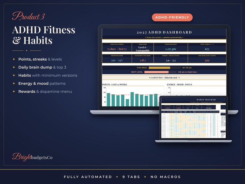 May include: A digital ADHD fitness and habit tracker dashboard displayed on two laptop screens against a dark blue background. The interface features data points, streaks, levels, energy and mood patterns, and a habit tracker grid with text.