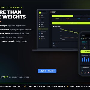 May include: A digital fitness tracking interface displayed on a laptop and smartphone screen. The dashboard features sections for body weight, cardio, and daily habits, with text including Body, Cardio & Habits, More Than The Weights, and Brightfit.