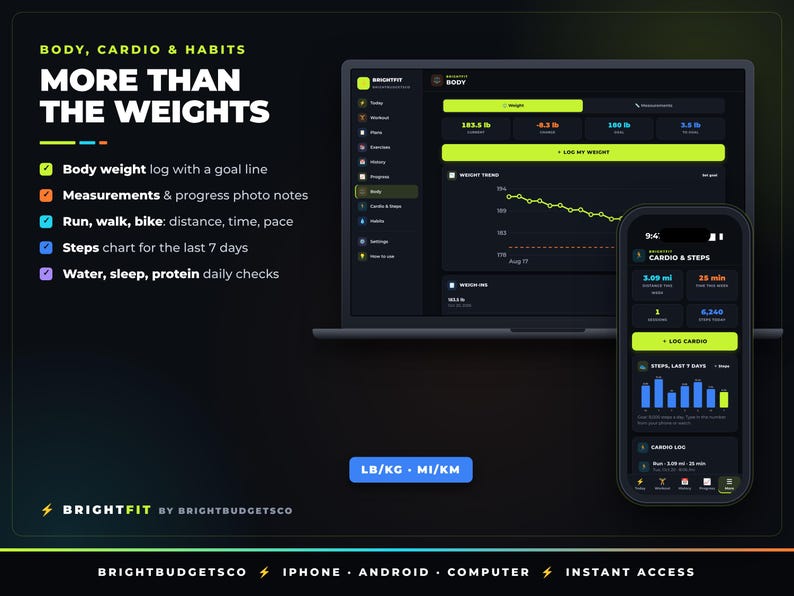 May include: A digital fitness tracking interface displayed on a laptop and smartphone screen. The dashboard features sections for body weight, cardio, and daily habits, with text including Body, Cardio & Habits, More Than The Weights, and Brightfit.