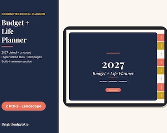 Peut inclure: Un agenda numérique affiché sur un écran de tablette avec un fond bleu foncé. Le texte indique 2027 Budget + Life Planner. L'interface présente des onglets hyperliés orange et dorés sur le côté droit, avec un bouton Open Planner.