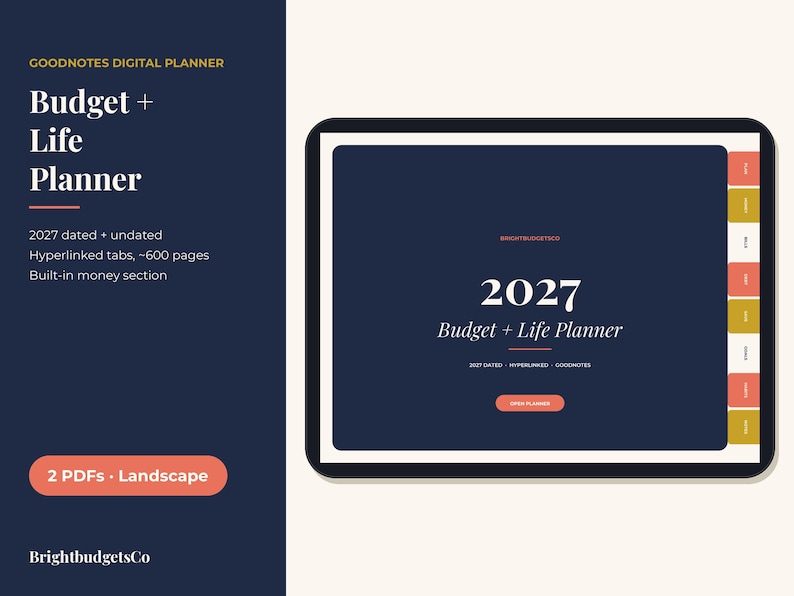 Puede incluir: Una agenda digital mostrada en la pantalla de una tableta con fondo azul oscuro. El texto dice 2027 Budget + Life Planner. La interfaz presenta pesta&ntilde;as con hiperv&iacute;nculos en naranja y dorado en el lado derecho, con un bot&oacute;n que dice Open Planner.