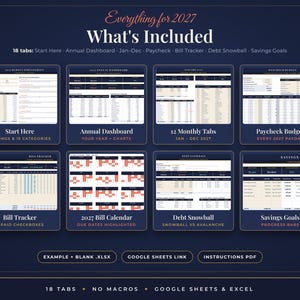 May include: A digital budget spreadsheet for 2027 featuring 18 tabs including an annual dashboard, monthly trackers, paycheck budget, bill tracker, debt snowball, and savings goals. The layout displays tables, charts, and calendars.