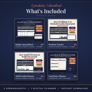 May include: A digital bundle featuring four products: a 2027 budget spreadsheet, a 2027 workout and weight loss tracker, a 2027 ADHD fitness and habit planner, and a 2027 digital budget planner, all compatible with Google Sheets, Excel, and GoodNotes.