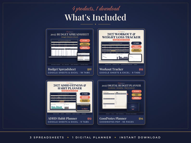 May include: A digital bundle featuring four products: a 2027 budget spreadsheet, a 2027 workout and weight loss tracker, a 2027 ADHD fitness and habit planner, and a 2027 digital budget planner, all compatible with Google Sheets, Excel, and GoodNotes.
