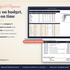 K&ouml;nnte beinhalten: Ein digitaler Hochzeitsbudgetplaner auf einem Laptop-Bildschirm und einem separaten Fenster, mit Tabellen f&uuml;r gesch&auml;tzte versus tats&auml;chliche Kosten, Zahlungsverfolgung und F&auml;lligkeitswarnungen. Text beinhaltet Budget & Payments, Stay on budget, pay on time, No missed deposits und BrightbudgetsCo.