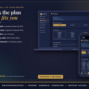 May include: A dark blue digital interface display showing a debt payoff plan comparison. Text includes "Snowball vs Avalanche," "Pick the plan that fits you," and "BrightDebt by BrightBudgetsCo." A laptop and smartphone show the app layout.