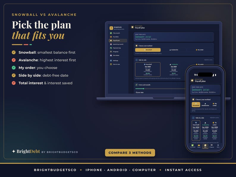May include: A dark blue digital interface display showing a debt payoff plan comparison. Text includes "Snowball vs Avalanche," "Pick the plan that fits you," and "BrightDebt by BrightBudgetsCo." A laptop and smartphone show the app layout.
