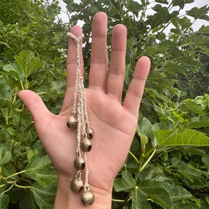 Peut inclure: Une guirlande de petites cloches en laiton antique, suspendues à une corde torsadée blanc cassé. Les cloches ont un motif décoratif. Le fond est un arrangement dense de feuilles vertes.