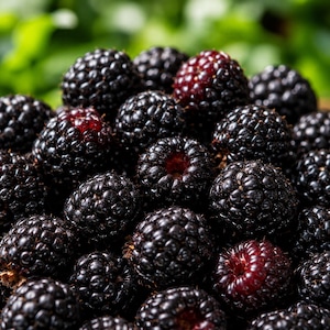 May include: A cluster of fresh blackberries, each featuring a deep, dark purple to black color with a textured, bumpy surface. The individual drupelets are tightly packed together, creating a rounded shape for each berry in the collection.