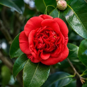 May include: A vibrant red camellia flower in full bloom with layered, rounded petals. The flower is surrounded by deep green, glossy, oval-shaped leaves with serrated edges. A single, small, unopened pale pink flower bud sits above the bloom.
