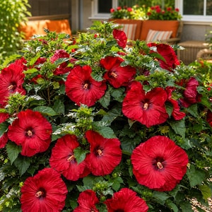 May include: A lush hibiscus plant featuring numerous large, vibrant red flowers with dark centers and prominent yellow stamens. The plant is covered in dense, serrated green leaves and several unopened buds, creating a full, rounded floral display.