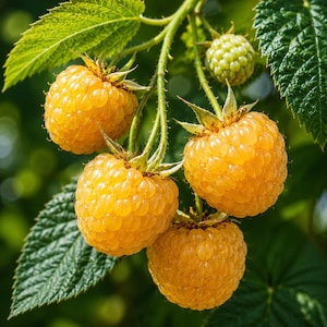 May include: A cluster of four ripe golden yellow raspberries hanging from a green stem with serrated green leaves. One smaller, unripe pale green raspberry is visible near the top, showing the textured drupelets of the fruit.