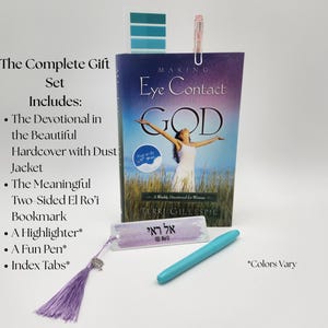 May include: A gift set featuring the hardcover book Making Eye Contact With God by Terri Gillespie, a two-sided bookmark with Hebrew text and a purple tassel, a teal pen, a set of blue-toned index tabs, and a clear highlighter with a clip.