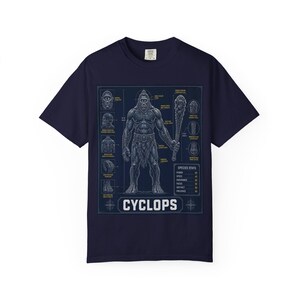 May include: A navy blue t-shirt featuring a detailed graphic of a cyclops holding a club. The design includes anatomical diagrams, species stats, and the text CYCLOPS. The illustration is rendered in white and light blue lines on a dark background.