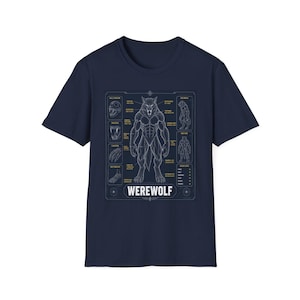 Può includere: Una t-shirt blu navy a maniche corte con una stampa grafica bianca che mostra uno schema anatomico di un lupo mannaro. Il design include disegni al tratto dettagliati del lupo mannaro, del suo cranio, dei denti, degli artigli e dei piedi.