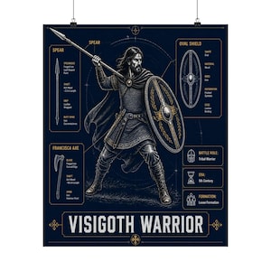 May include: A dark blue educational poster titled Visigoth Warrior featuring a central illustration of a warrior in chainmail holding a spear and oval shield. The print includes detailed diagrams and text labels for the spear, shield, and axe.