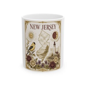 Vintage New Jersey State Map Mug | Lighthouse, Goldfinch, Floral