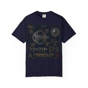 May include: A dark navy blue t-shirt featuring a detailed technical diagram of a cybernetic eye. The graphic includes cross-section views, mechanical components, and technical text labeled "CYBERNETIC EYE OPTICAL IMPLANT SYSTEM" in gold and red.