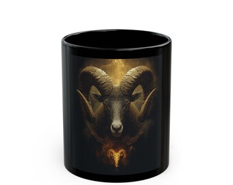 Taza negra con ilustración de cráneo de carnero / Taza de café con retrato de cabra con cuernos