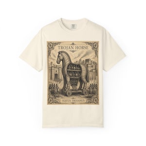 Trojan Horse Shirt | Ivory Vintage Greek Mythology Tee | Equus Troianus Engraving Art | Ancient Greece Gift