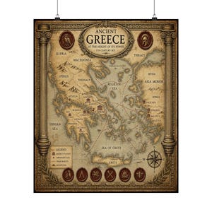 May include: A vintage-style map of Ancient Greece at the height of its power in the 5th century BCE. The map features classical columns on the sides, a central title, a legend, a compass rose, and circular icons depicting historical symbols.