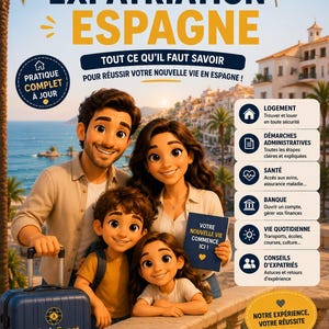 May include: A promotional image for AdminExpat, a service for expats in Spain. The image features a cartoon family with a suitcase, the Spanish flag, and text in French. The guide covers topics like housing, healthcare, and daily life.