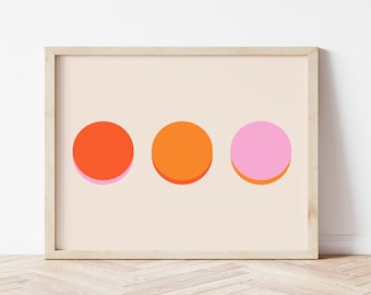 Impressão artística moderna com círculos coloridos brilhantes | Arte minimalista grande com 3 pontos | Download digital moderno de meados do século em vermelho, laranja e rosa brilhantes