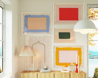 Set van 5 kunstafdrukken galerijwand | Kleurrijke abstracte veelkleurige posters | Groot ingelijst helder | Leuke kleurblokken en boog | De primaire set