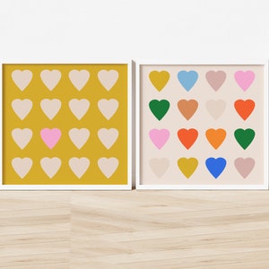 Pair of Multicolor Hearts Art Prints Gallery Wall Set Above Bed Art Teen Room Decor Oversized Wall Art Dorm Decor College Girls image 1