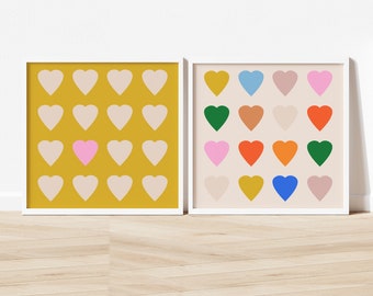 Pair of Multicolor Hearts Art Prints | Gallery Wall Set | Above Bed Art | Teen Room Decor | Oversized Wall Art | Dorm Decor College Girls