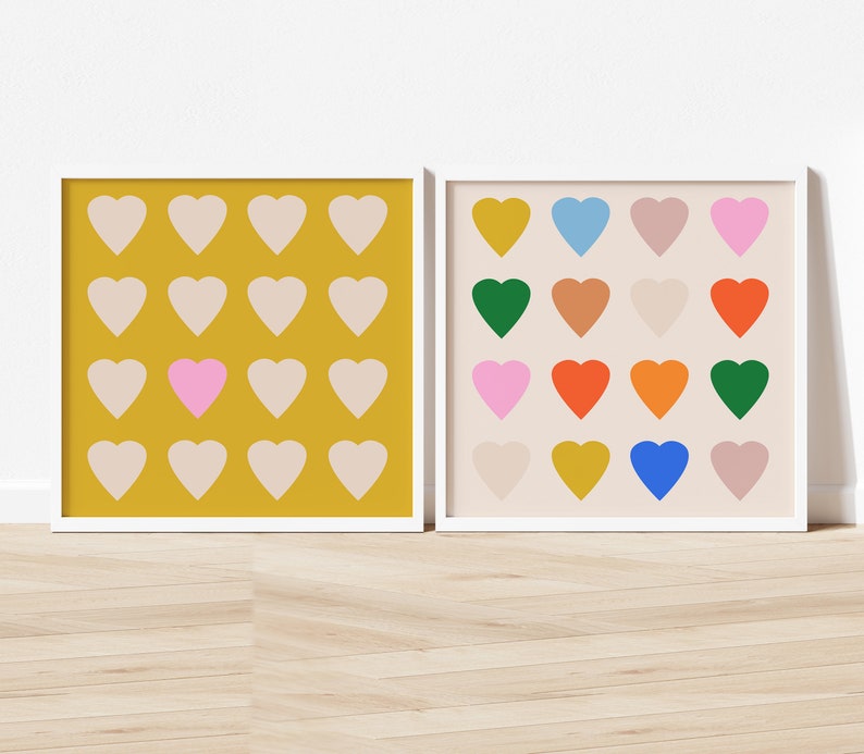 Pair of Multicolor Hearts Art Prints Gallery Wall Set Above Bed Art Teen Room Decor Oversized Wall Art Dorm Decor College Girls image 1