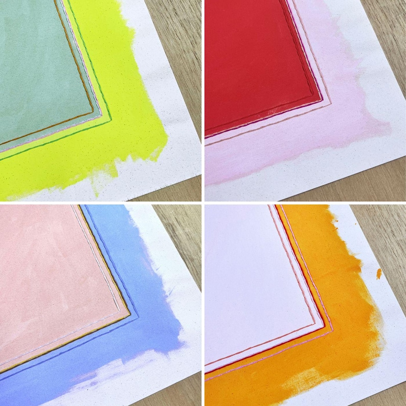 K&ouml;nnte beinhalten: Eine Collage aus vier Aquarellmalereien. Jede zeigt ein zentrales Rechteck mit einem d&uuml;nnen, metallischen Rand. Die Rechtecke sind mit Rot, Gr&uuml;n, Rosa und Wei&szlig; gef&uuml;llt, jedes umgeben von einer anderen Farbw&auml;sche.
