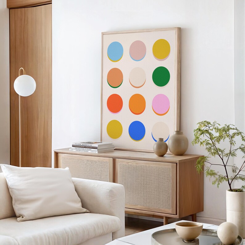 Arte de parede com pontos multicoloridos brilhantes | Impressão artística de círculos modernos | Arte abstrata colorida | Imprimível para berçário | Dormitório iluminado | Impressões para dormitório imagem 2