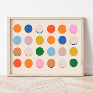 Impression d'art mural cercles colorés 24 x 36 Art moderne à pois Art mural pois multicolores lumineux Art pour dortoir Impressions d'art moderne Mid-Century image 1