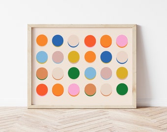 Arte de parede com círculos coloridos, impressão 24 x 36 | Arte moderna com pontos | Arte de parede com pontos multicoloridos brilhantes | Arte para dormitório | Impressões de arte moderna de meados do século