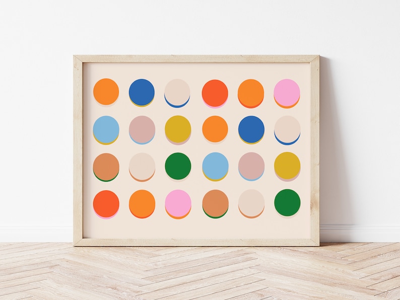 Impression d'art mural cercles colorés 24 x 36 Art moderne à pois Art mural pois multicolores lumineux Art pour dortoir Impressions d'art moderne Mid-Century image 1