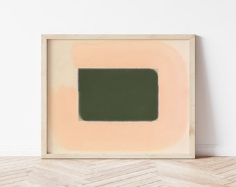 Art mural minimaliste abstrait vert foncé et beige pêche | Impression d'art géométrique moderne | Grande impression d'art murale encadrée | Champ de couleur milieu du siècle