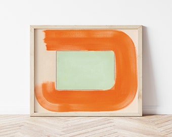 Impression d'art géométrique moderne orange et vert | Art minimaliste abstrait coloré | Grande impression d'art murale encadrée | Décoration murale d'intérieur côtière