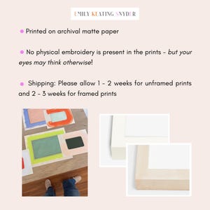 May include: The image showcases abstract art prints with colorful geometric shapes, including rectangles and squares. The prints are displayed on a wooden surface, with a person's feet visible. The text "EMILY KEATING SNYDER" is at the top.