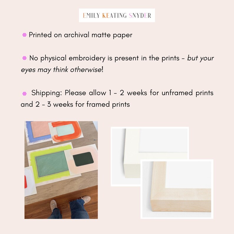 May include: The image showcases abstract art prints with colorful geometric shapes, including rectangles and squares. The prints are displayed on a wooden surface, with a person's feet visible. The text "EMILY KEATING SNYDER" is at the top.