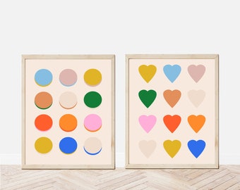 Pair of Multicolor Dots and Hearts Art Printables | Fun, Bright Digital Art Prints, Set of Two | Abstract Modern Printable Art for Kids Room