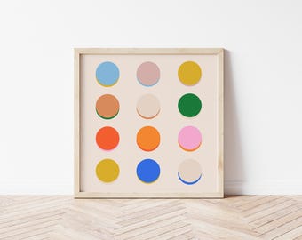 Abstrato moderno bolinhas quadrado digital para download | 30 x 30 arte grande para impressão | arte de parede multicolorida brilhante | arte de círculos de quarto infantil brilhante