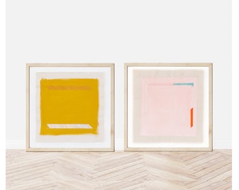 Minimalistiska abstrakta fyrkantiga tryck, set om 2 | Färgglada tryck för ovanför sängen | Inramat minimalistiskt konsttryck | Senapsgult guld och pastellrosa