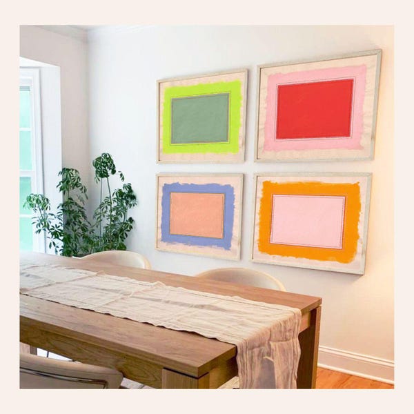 Conjunto de 4 láminas decorativas para pared "Lugar Brillante" / Conjunto de láminas minimalistas / Arte abstracto enmarcado de gran tamaño / Láminas artísticas divertidas y coloridas