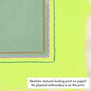 May include: A close-up of a print on paper with a textured appearance. The design features a series of nested rectangles in shades of green, orange, and pink, set against a bright yellow background. The text reads: "Realistic textural-looking print on paper! No physical embroidery is on the print."