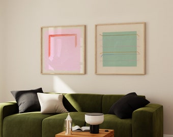 Impressions d'art abstrait vert sauge et rose vif | Art mural encadré minimaliste | Grandes impressions d'art carrées | Paire de cadres muraux Gallery
