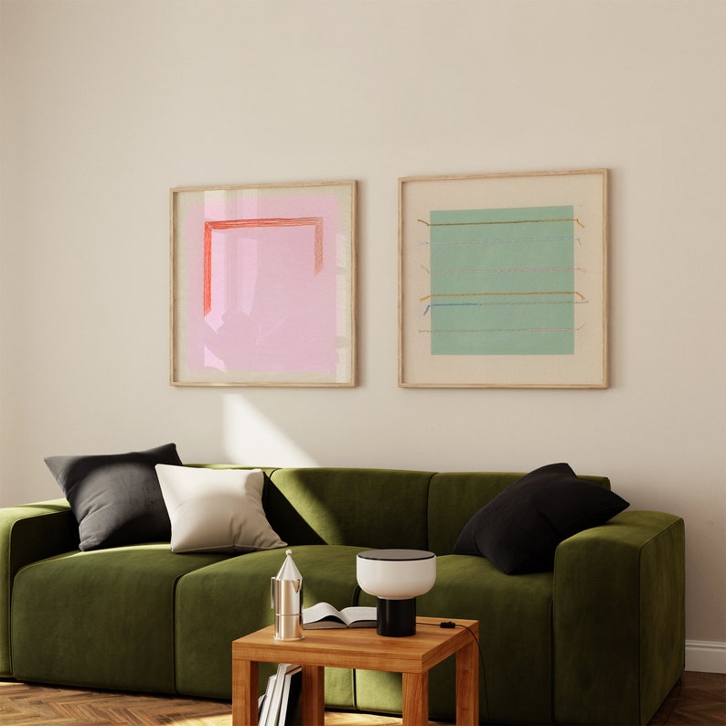 Pair of Abstract Art Prints in Sage Green and Bright Pink Minimalist Framed Wall Art Large Square Art Prints Gallery Wall Framed Pair image 2