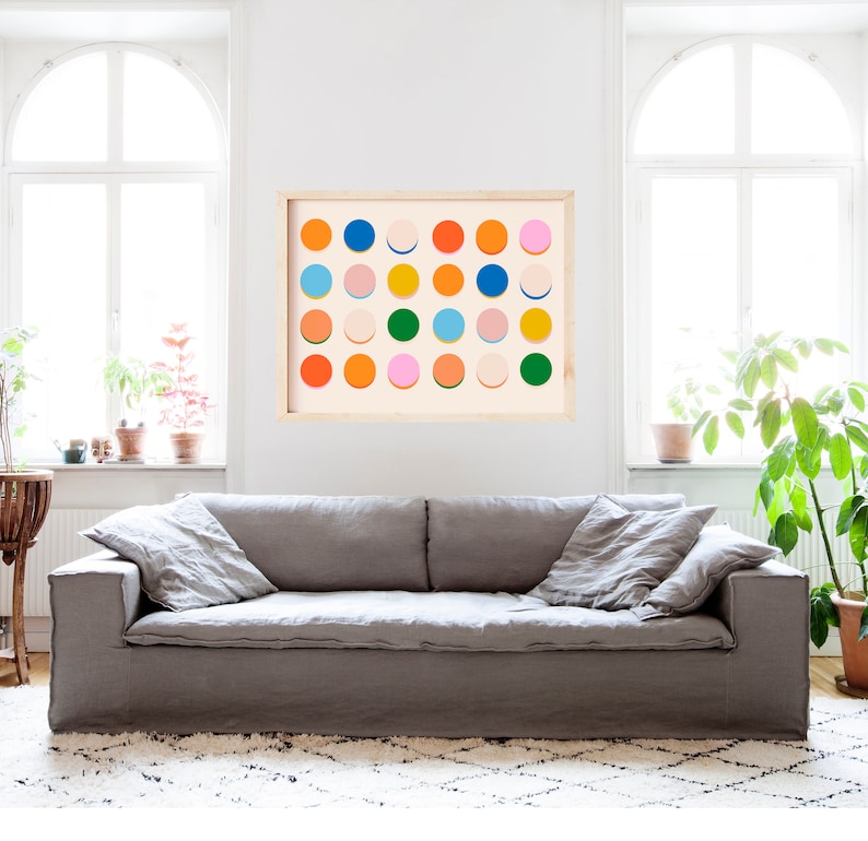 Impression d'art mural cercles colorés 24 x 36 Art moderne à pois Art mural pois multicolores lumineux Art pour dortoir Impressions d'art moderne Mid-Century image 4